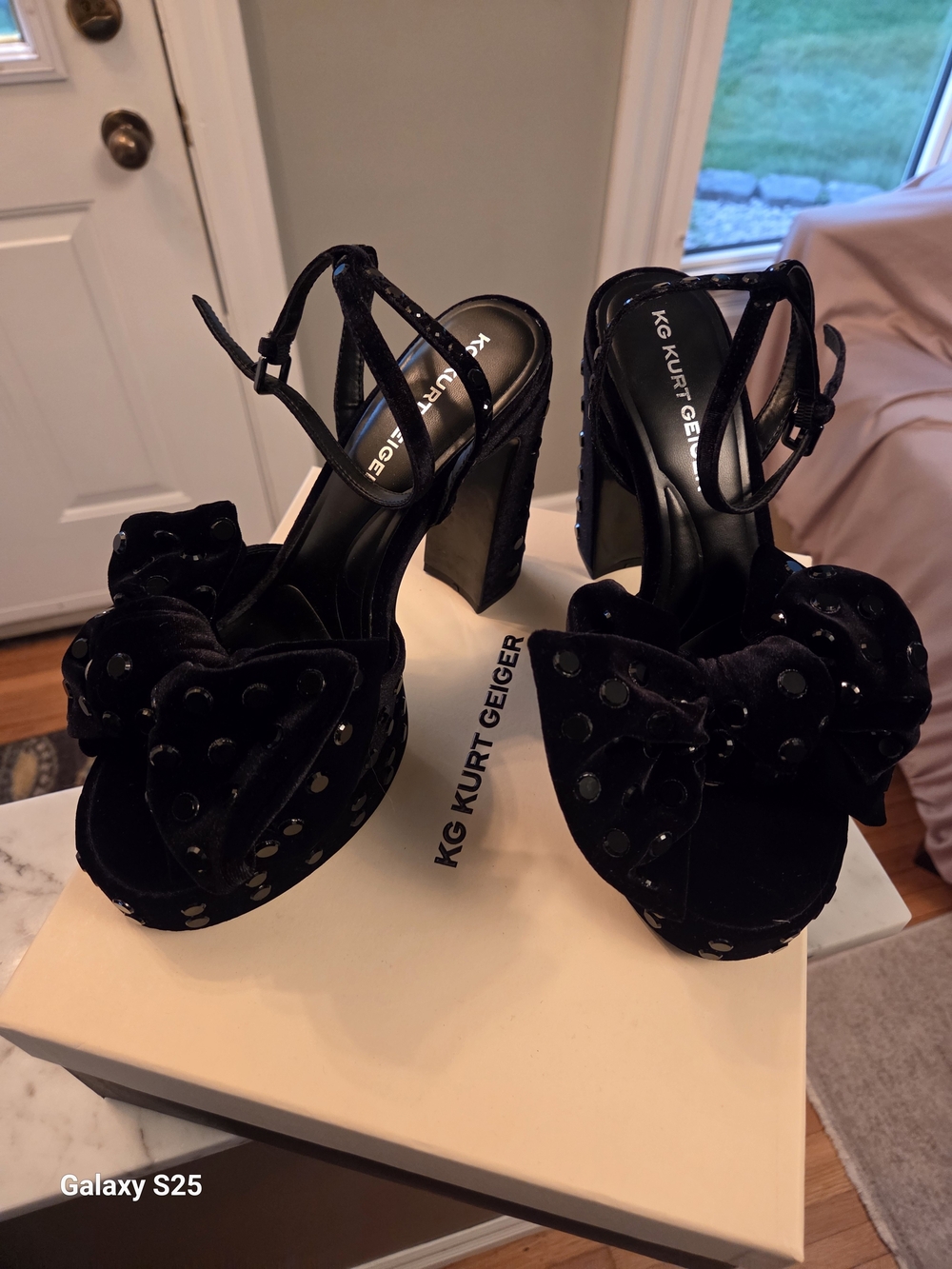 Kurt Geiger Black Velvet Stud Bow Platform Heels